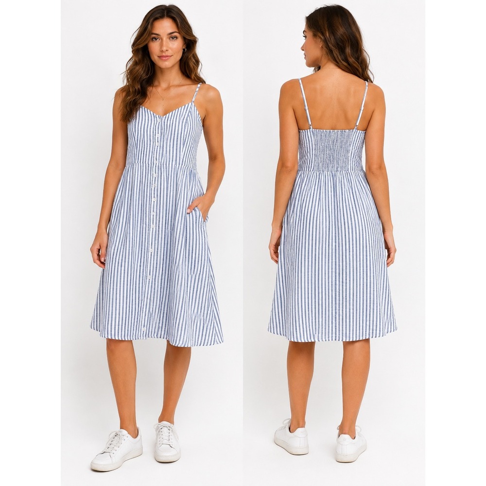 Who What Wear Midi Dress Women‎ Size L Blue White Striped Button Front Coastal